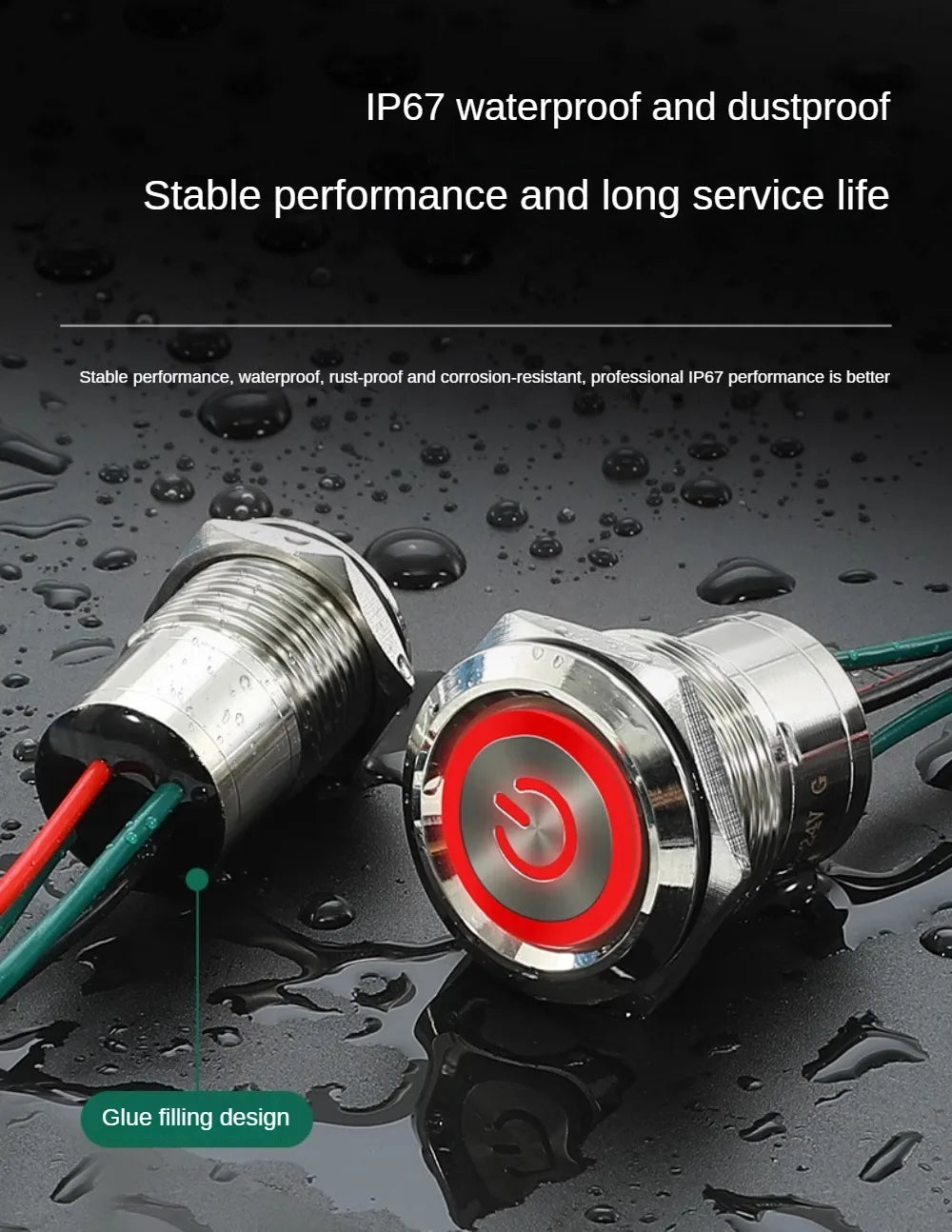 16/19/22mm IP67 Waterproof Metal Push Button Switch 10A High Current LED Light Momentary Latching Outdoor Power Switch Red Green