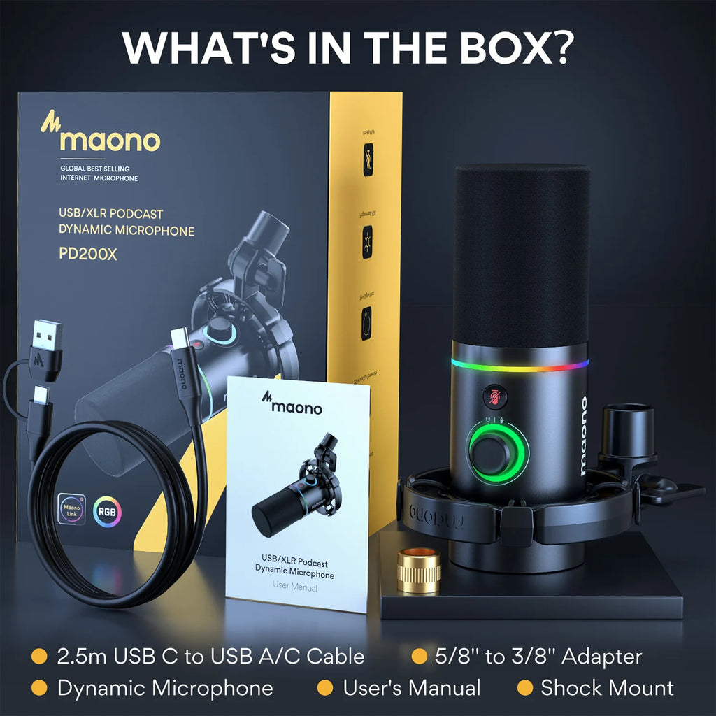 MAONO PD200X XLR/USB Dynamic Microphone for PC RGB Gaming Streaming Microphone with MAONO Link Software Mute Gain Knob Volume Control and Headphone Jack for Streaming Podcasting Recording Gaming Video