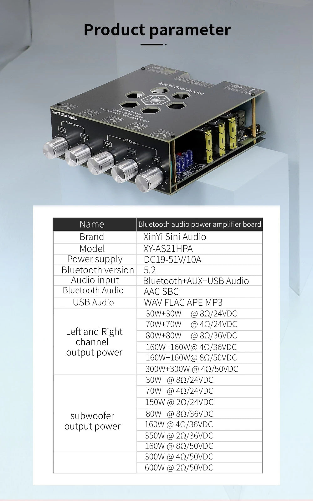 AS21 TPA3255 Bluetooth 5.2 2.1 Channel Power Audio Stereo Subwoofer Amplifier Board 300WX2+600W TREBLE Bass Note Tuning AMP