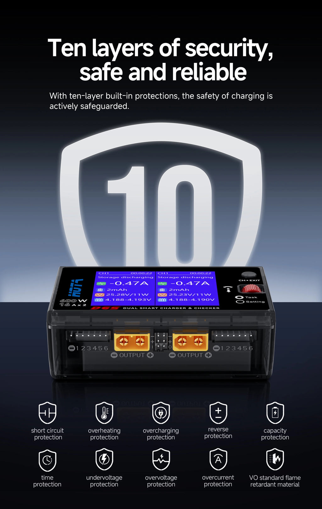 HOTA D6S RC Lipo Battery Charger Magnetic Suction Dual Channel Smart Balance 600W High Power 1-6S Smart Balance Charger
