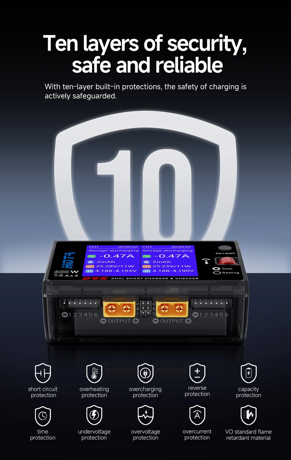 HOTA D6S RC Lipo Battery Charger Magnetic Suction Dual Channel Smart Balance 600W High Power 1-6S Smart Balance Charger