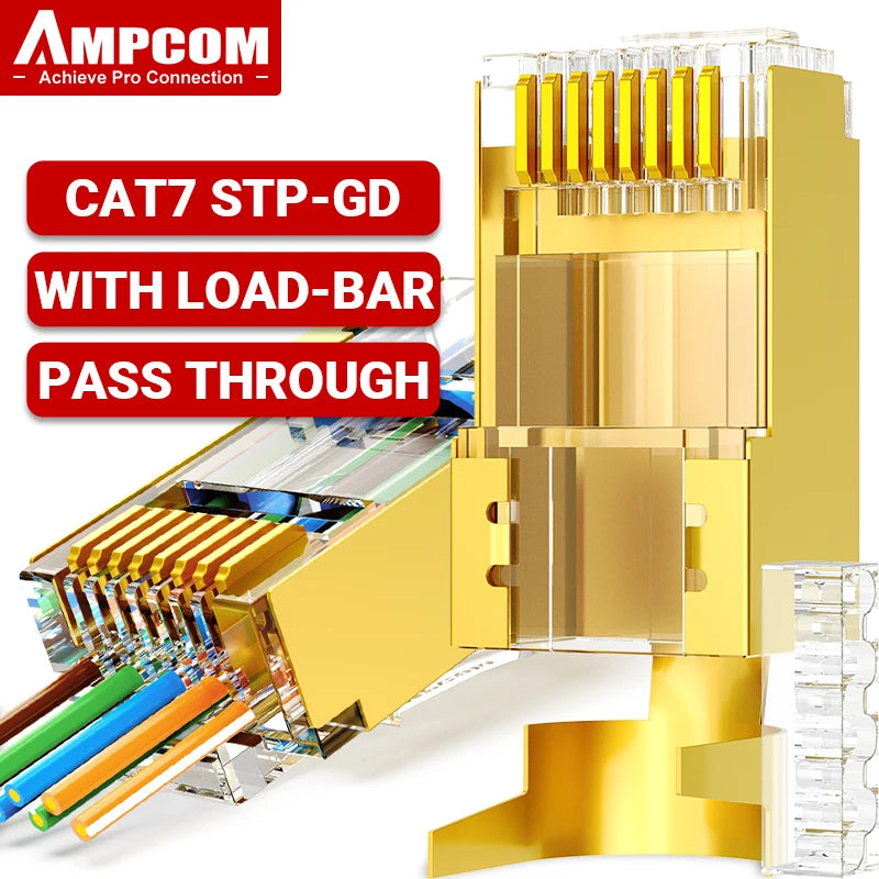 AMPCOM CAT7 Pass Through RJ45 Modular Plug Network Connectors STP 3/50μ Gold-Plated 8P8C Crimp End for Ethernet Cable