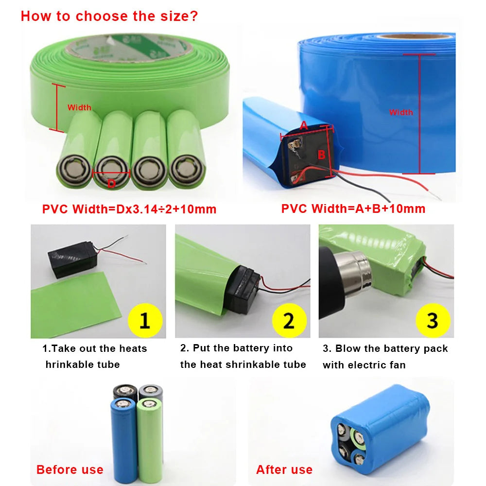 1meter 18650 Lipo Battery PVC Heat Shrink Tube Pack 70mm ~ 500mm Insulated Film Wrap Lithium Case Protection Cable Sleeve Black