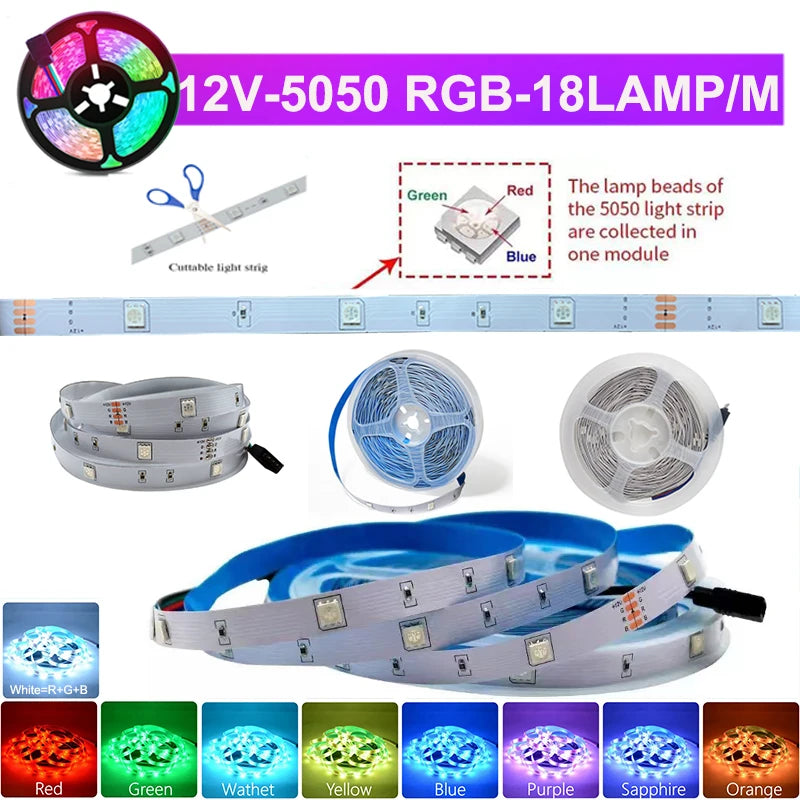 30M 12V WiFi Bluetooth RGB LED Strip Lights 5050 with Ac100-240V Adapter APP Control Music Sync Remote for Bedroom Kitchen Party