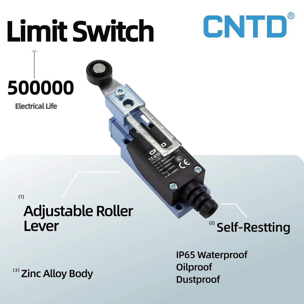 CNTD TZ-8108 Limit Switch Adjustable Roller Lever Self-Reset Mechanism Zinc Alloy Body Long Mechanical Life Industrial CE