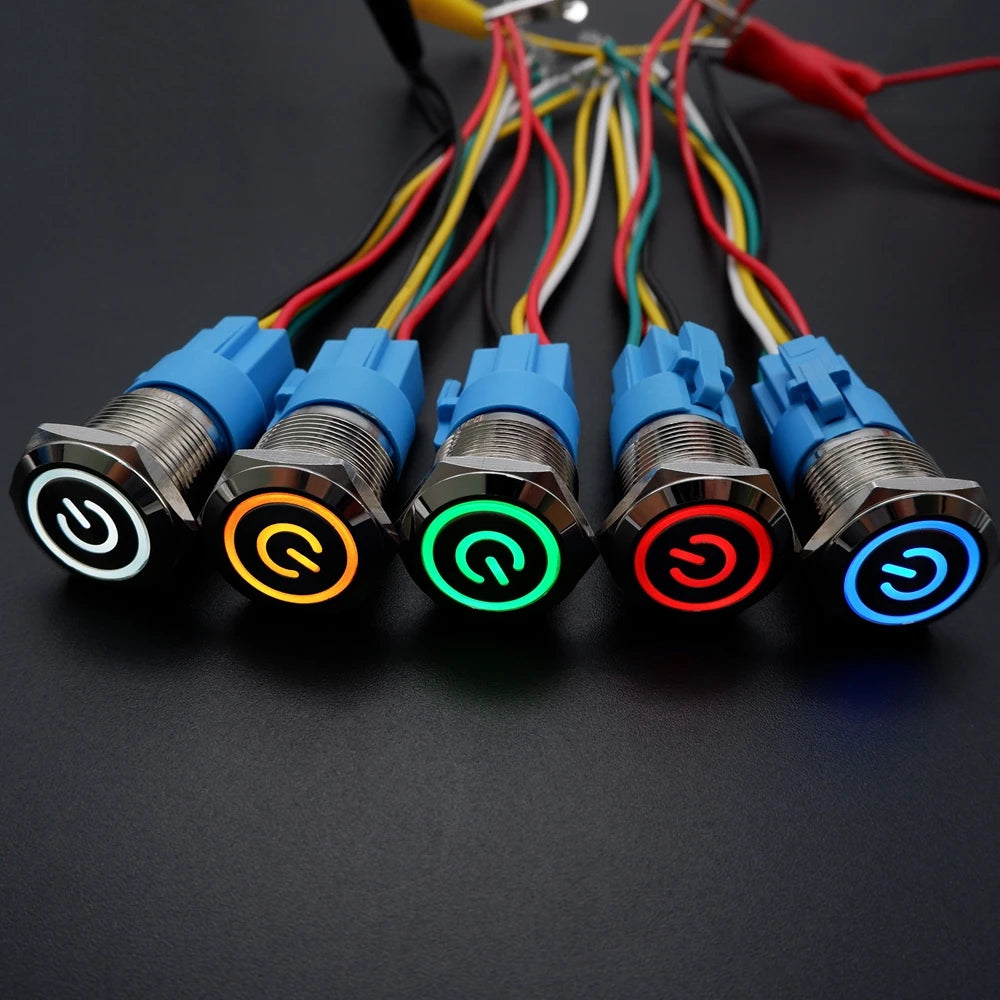 16mm 19mm 22mm Metal Push Button Switch Led Backlit On Off Car Engine Power Start Stop Waterproof With Wire 1NO1NC 5V 12V 220V