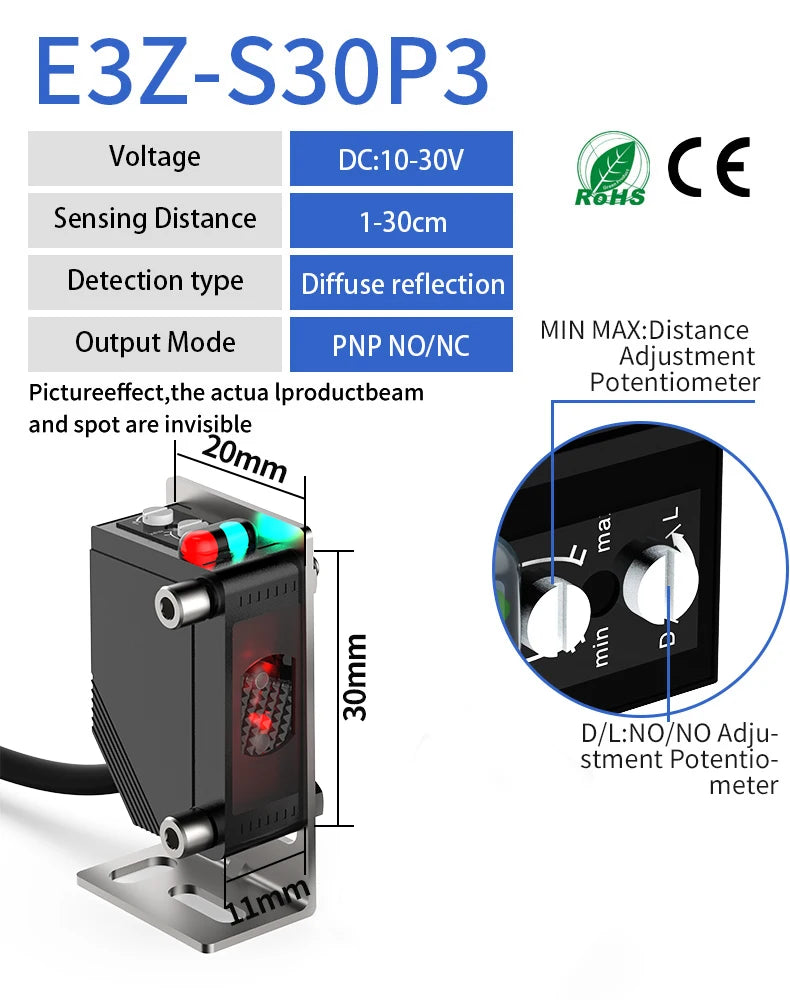 GTRIC Diffuse Photoelectric Switch Sensor E3Z Square Infrared Photocell Sensor 10-30VDC NPN PNP 3-wries Sensing Distance 30CM