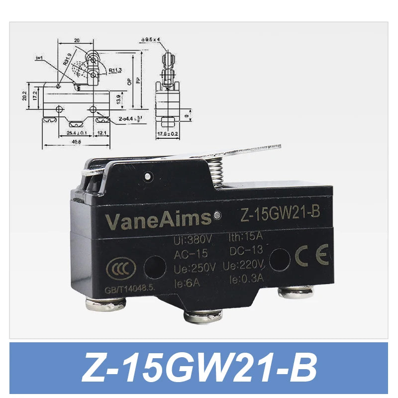 Z-15 Micro Limit switch Travel Switch Small Horizontal Roller Lever 15A 250V 1NO1NC Normally Open Normally Closed Travel Switch