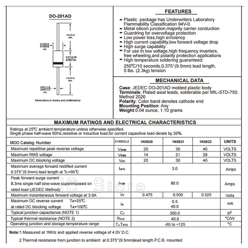 250PCS 1N5822 IN5822 Schottky Diode 3A 40V DO-27 Axial Low Forward Voltage Drop Rectifier Diodes 3 Amp 40 Volt