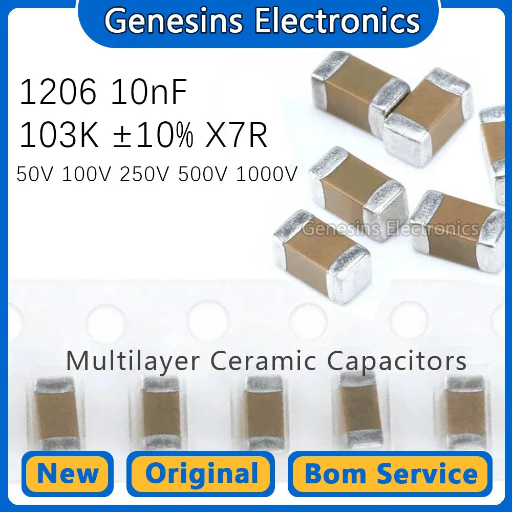 50 pcs 1206 10nF 103K 50V 100V 250V 500V 1000V 10% X7R 3216 SMD ceramic capacitors