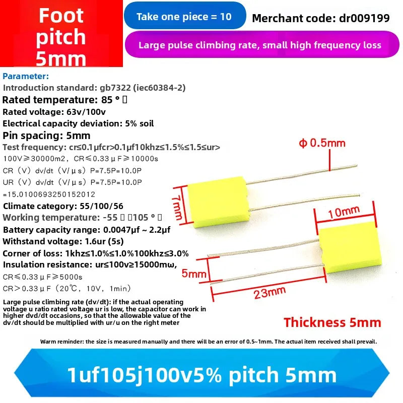 10PCS 100V Correction Capacitor Polypropylene Safety Plastic Film 100V 1nF ~ 470nF 100nf 220nf 10nf 47nf 22nf 1nf 0.47uf 0.1uf