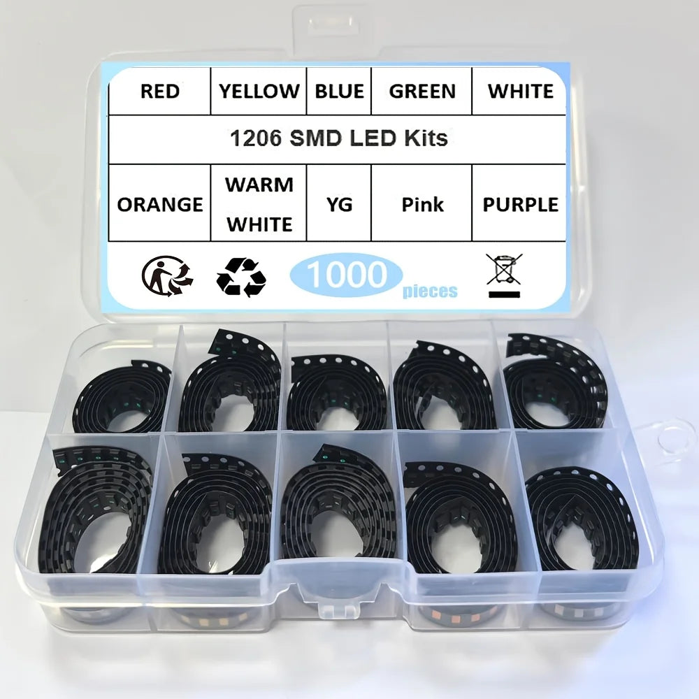 1000Pcs 1206 SMD LED 10Colors x 100Pcs White Red ICE Blue Green Yellow Pink Orange Purple Warm White Super Bright Diodes Kit