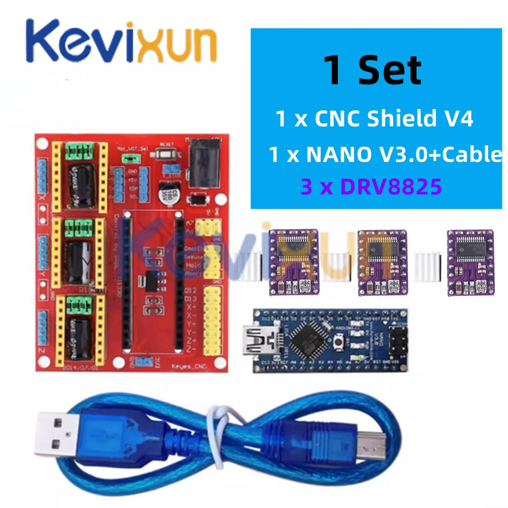 1SET 3DV4 CNC Shield V4 + Nano 3.0 + 3pcs DRV8825 or A4988 Reprap Stepper Drivers Set For Arduino
