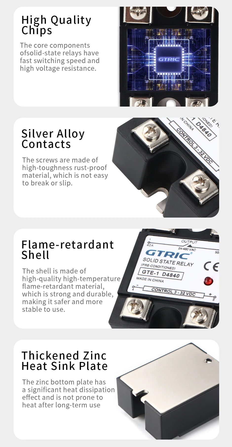 GTRIC SSR Solid State Relay Module 10A 25A 40A 50A 60A 80A 100A DC To AC AC To AC DC To DC 24-380V AC Single Phase Control Relay