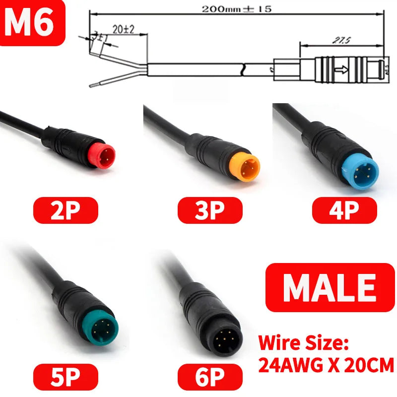 5/10 Set M6/M8 Julet Electric Butt Plug Connectors - 2/3/4/5/6 Pin, for Scooter Brake Cable & Signal Sensor (20CM)