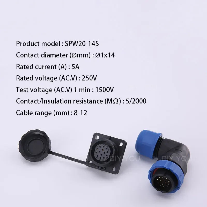 SP20 IP68 Waterproof Quick Connector Socket Multipole Plug Dustproof Right angle Square Industrial Aviation 1-14Pin Connectors
