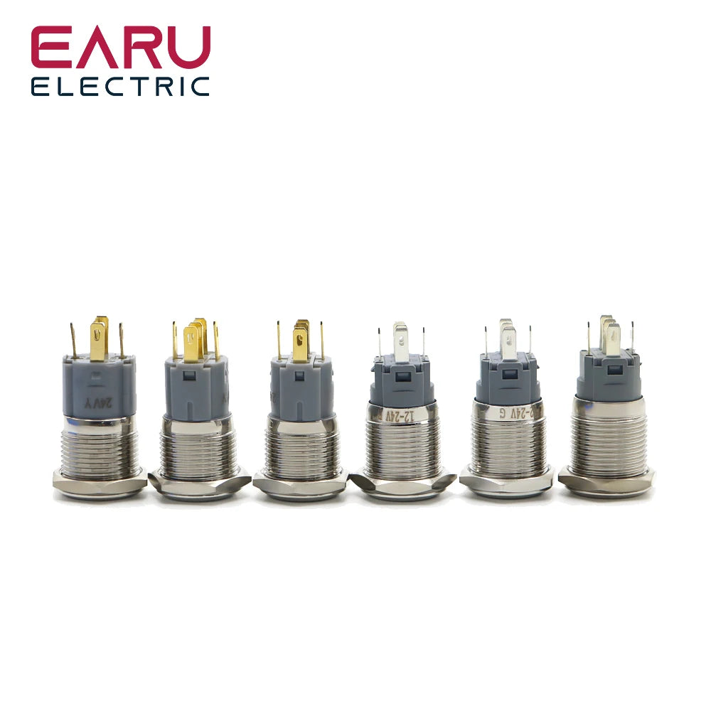 16mm Metal Push Button Switch Ring Lamp Power Symbol Buttons Waterproof Flat Head Momentary Latching LED Light Self-lock 1NO1NC