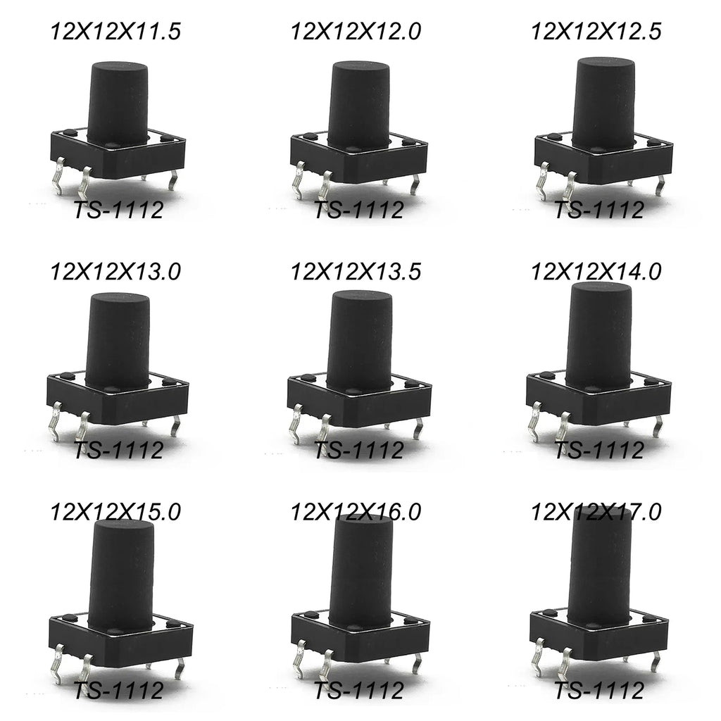 10-Piece 12X12mm H=11.5/12/12.513/13.5/14/15/16/17MM 4PIN DIP SMT Momentary Tactile Tact Switch Push Button Key Button Black