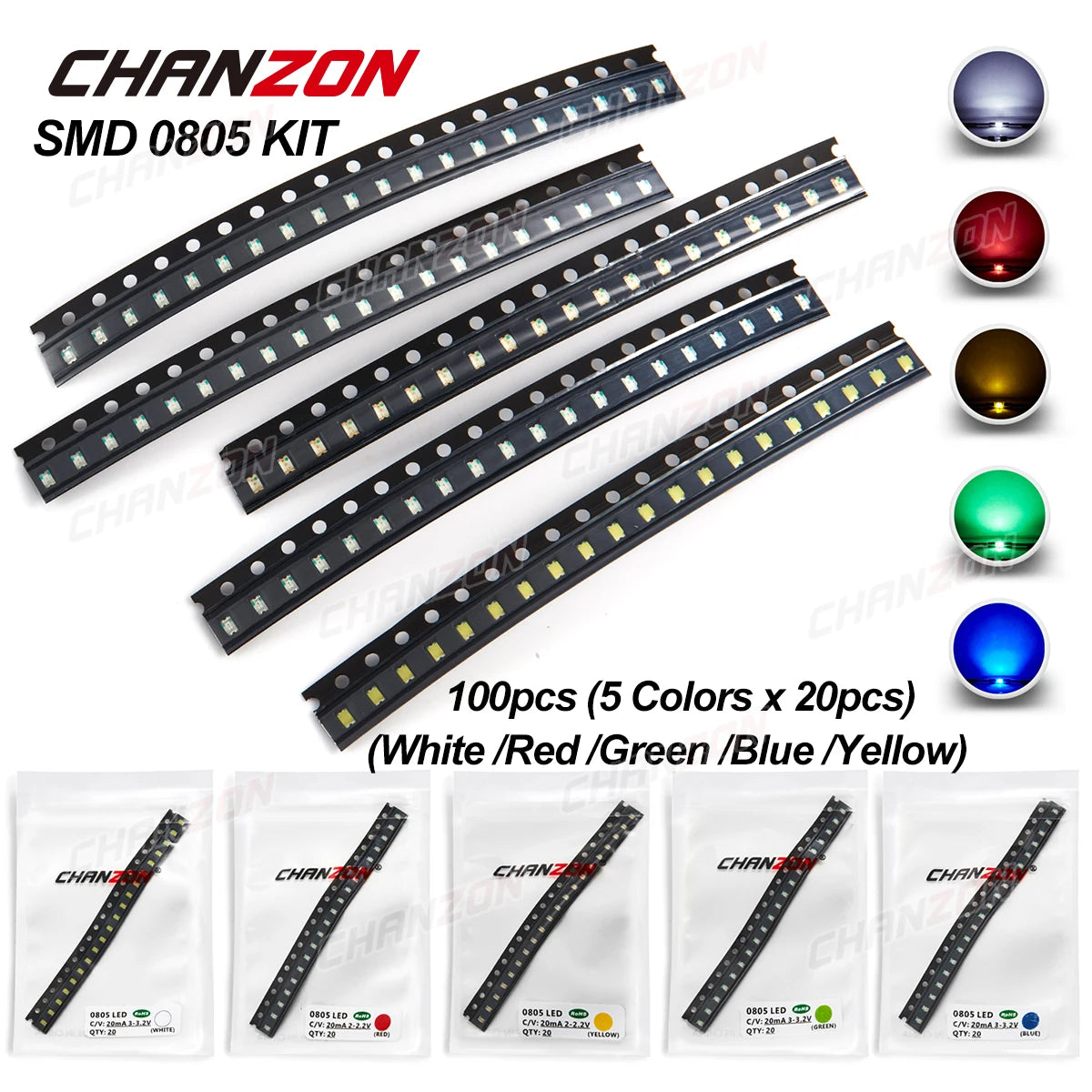 100Pcs 0805 SMD LED Diode Lamp Chip Light UV Purple Pink RGB Warm White Red Green Blue Yellow Orange Multicolor Emitting Kit Set