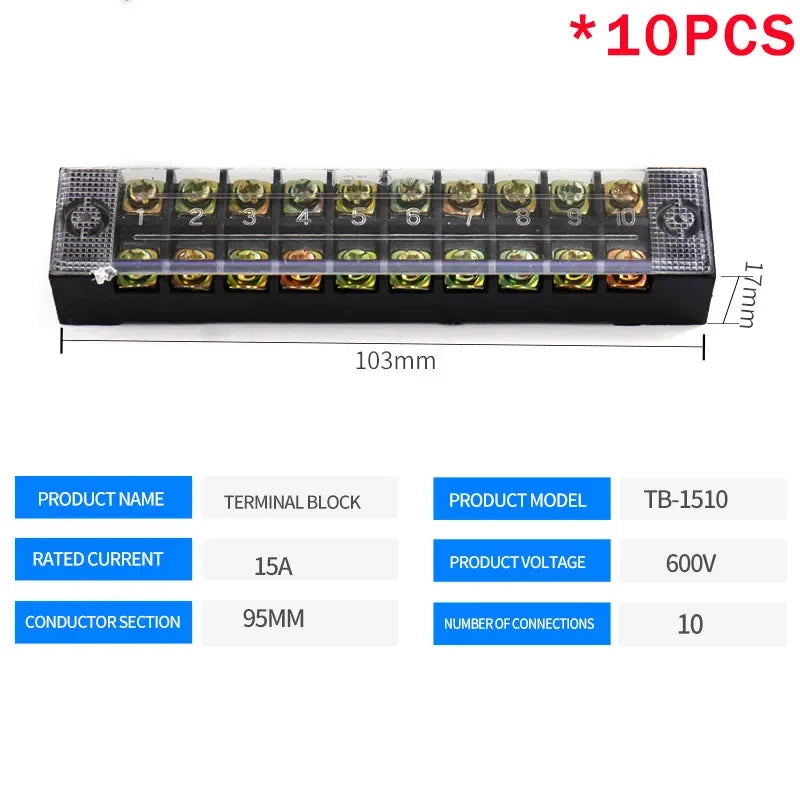 10PCS Dual Row Strip Screw Terminal Block Fixed Wiring Board Wire Connector TB-1503/TB-1506 15A TB-2503/TB2506 600V 15A