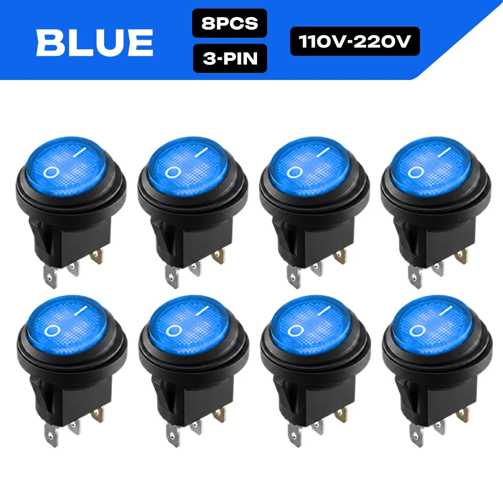 FILN 8PCS 12V 24V 110V 220V Waterproof Rocker Switch 3 Pin LED Lighted ON-OFF Round SPST Toggle Switch for Car Boat Marine PA66