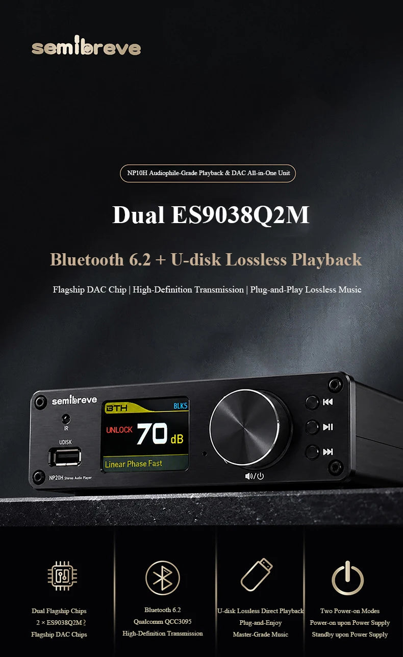 Lossless HIFI Audio Decoder 2pcs ES9038Q2M DAC DSD256 384KHz Lossless Decoding Music Player QCC3095 Bluetooth 6.2 AMANERO Module
