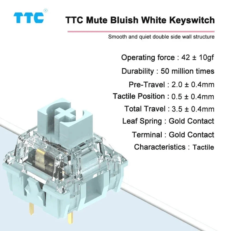 TTC Silent Bluish White Switches Tactile 42g Switch Rounded Sharp Tactility Long Spring Mechanical Keyboard RGB MX DIY Switch