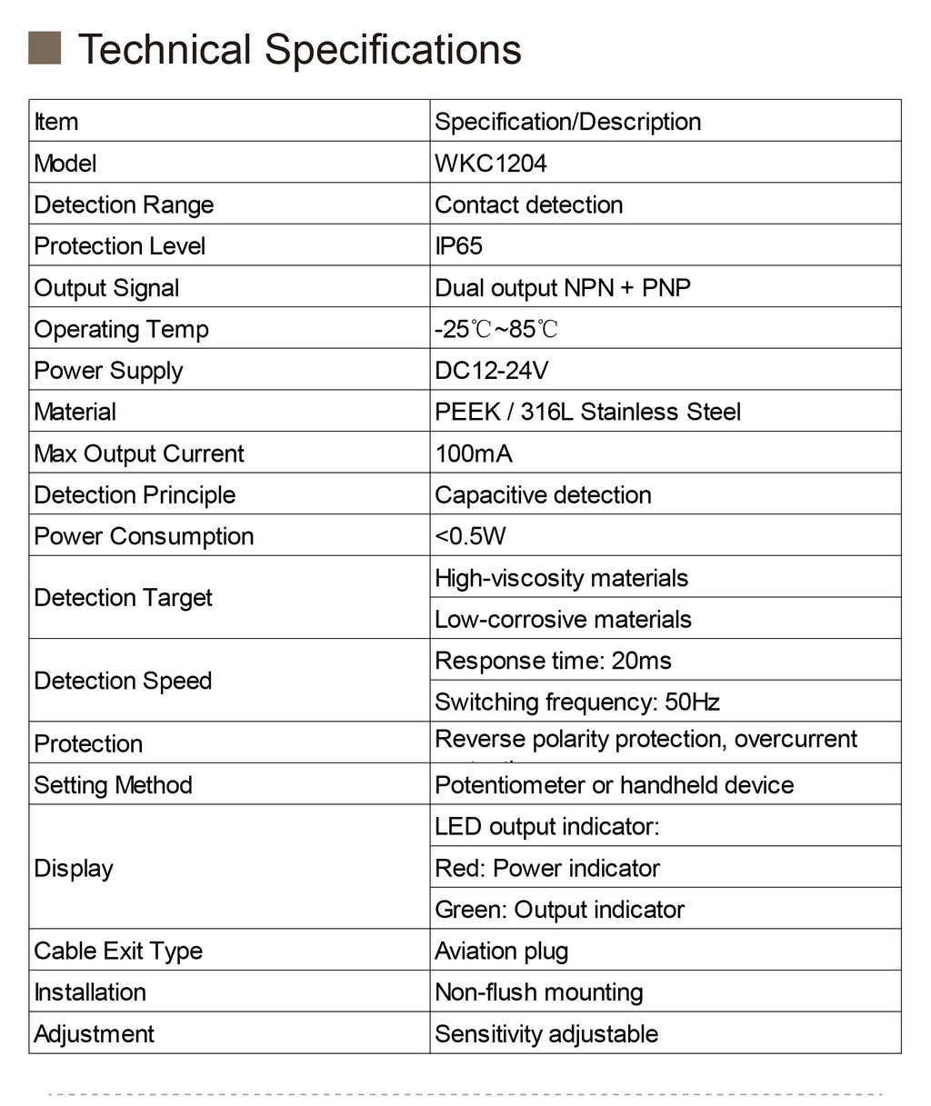 WKC1204 Capacitive Liquid Level Sensor Oil Glue Level Switch DC12-24V NPN PNP for Dispensing Potting Filling System