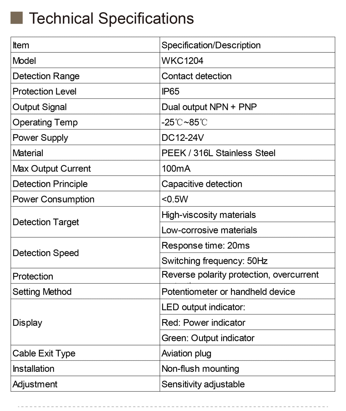 WKC1204 Capacitive Liquid Level Sensor Oil Glue Level Switch DC12-24V NPN PNP for Dispensing Potting Filling System