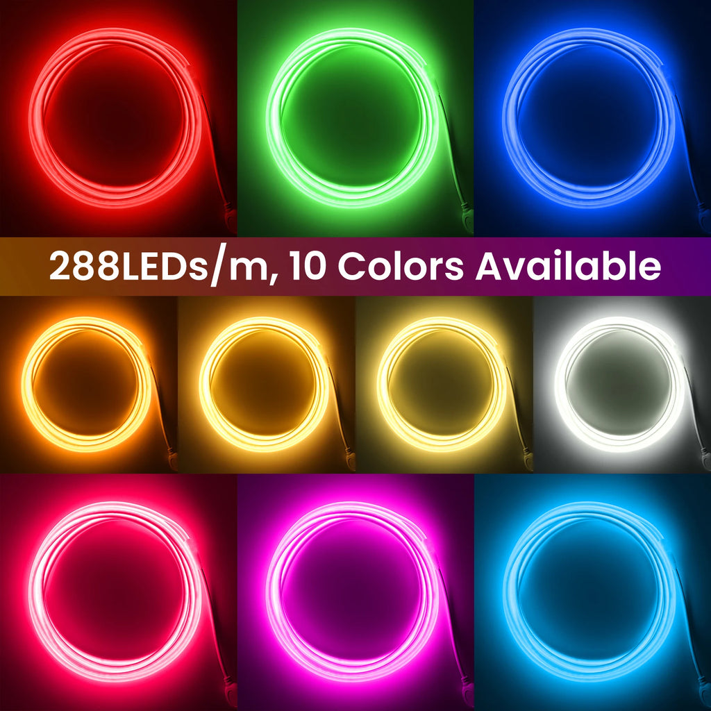 220V COB LED Strip Power EU Plug Dimmable Timer 288LEDs/m Waterproof Neon Light Tape Red Blue Green Pink White Home Garden Decor