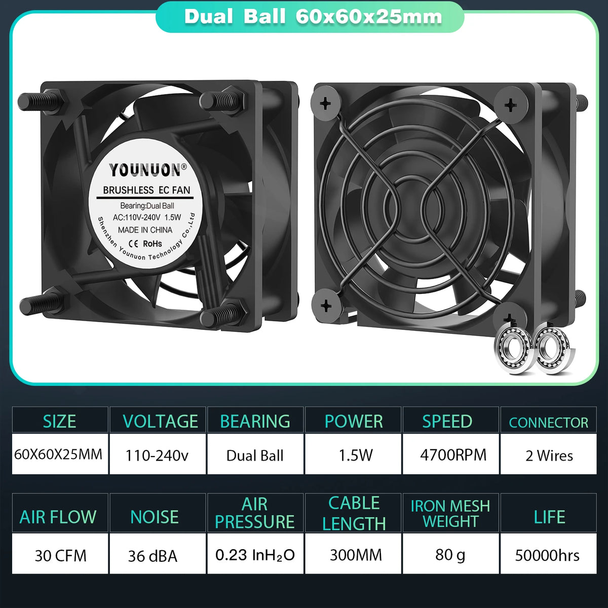 YOUNUON 60mm 80mm 90mm 120mm EC Brushless Fan AC 110V 115V 120V 220V 240V Axial Fan with Srews/Grill 6025 8025 9225 12025 12038