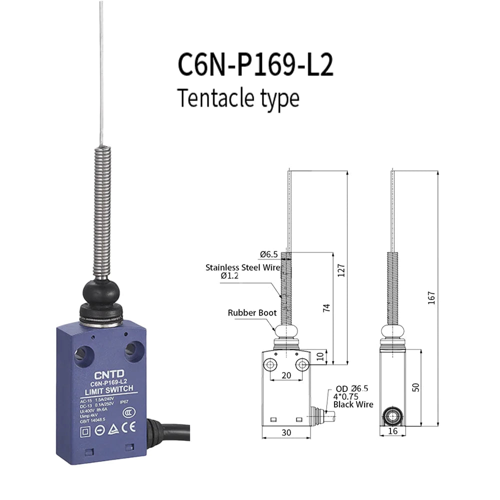 CNTD Micro Limit Switch C6N Series C6N‑101 C6N‑102 C6N‑111 C6N‑121 1NO1NC 10A 250V IP67 Waterproof For Automated Machinery