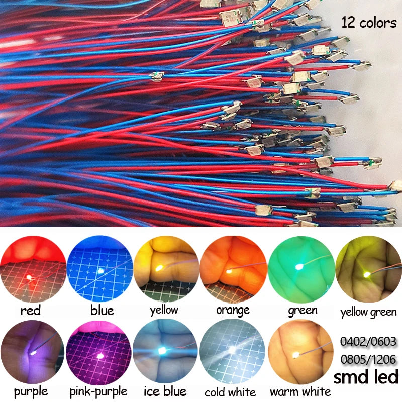 20pcs 0402/0603/0805/1206 SMD LED Model Lamp Wired Micro Led Pre-soldered Micro Litz Wired Chip 30cm 3V Railway Model Scenes