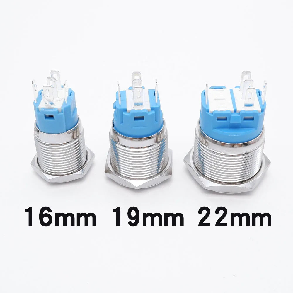 16/19/22mm Metal Push Button On Off Switch LED Light Momentary Latching Waterproof Flat Circular Button Silver Black 6v 12v 220v