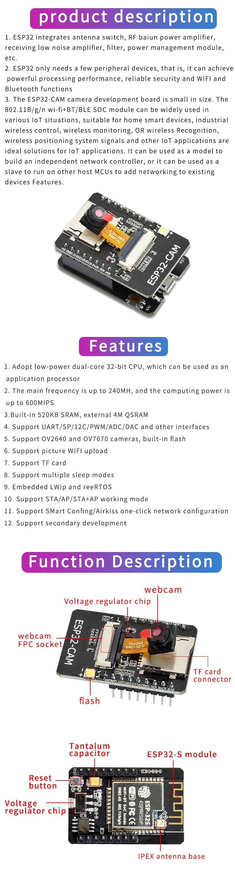 ESP32-CAM-MB WiFi Module Serial to WiFi ESP32 CAM Development Board 5V Bluetooth with OV2640 Camera DIY