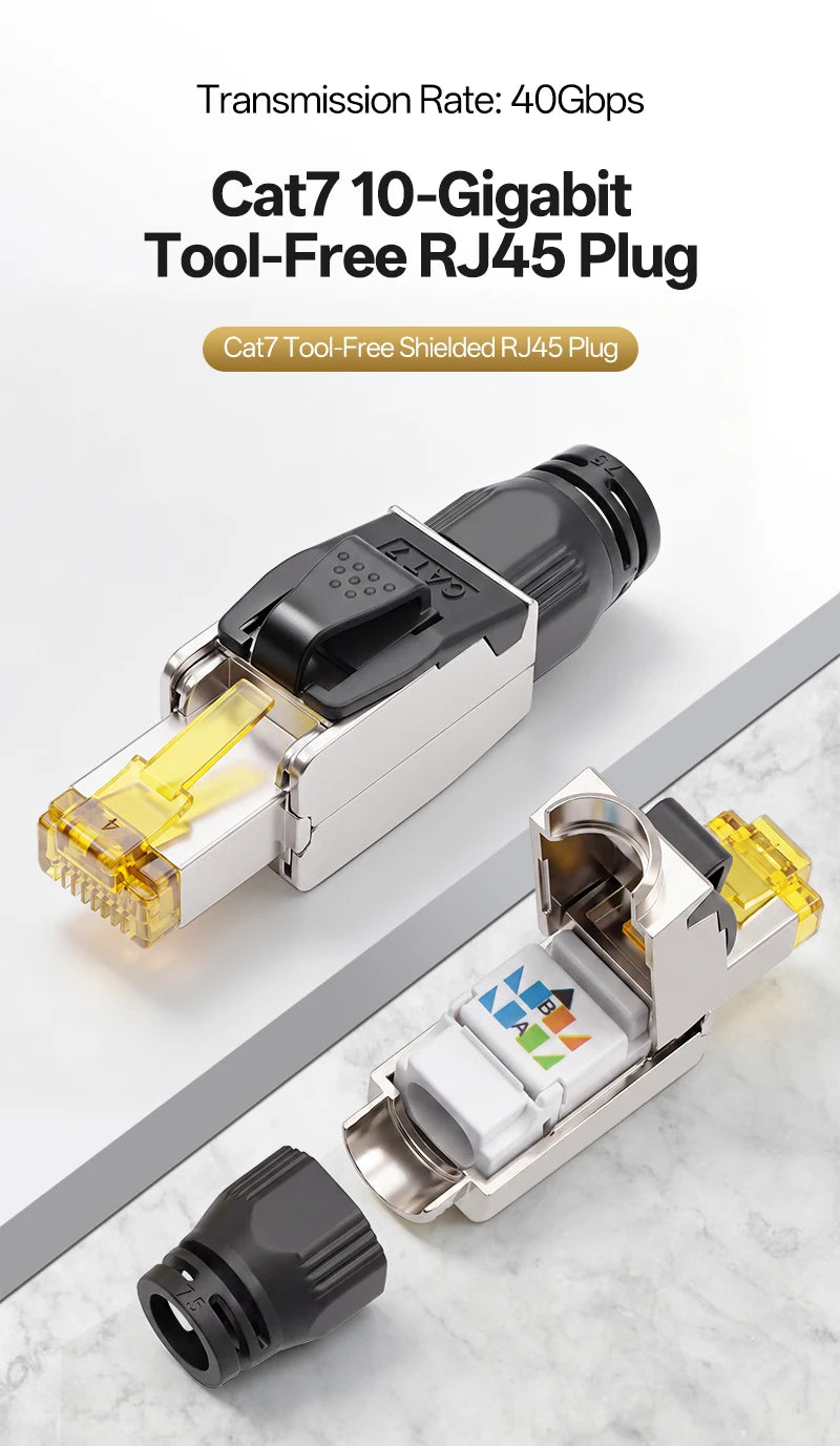Cat7 Tool‑Free RJ45 Connector Shielded Reusable Field Termination Zinc‑Alloy No Crimp for CAT7 CAT6A STP Network Cabling Project