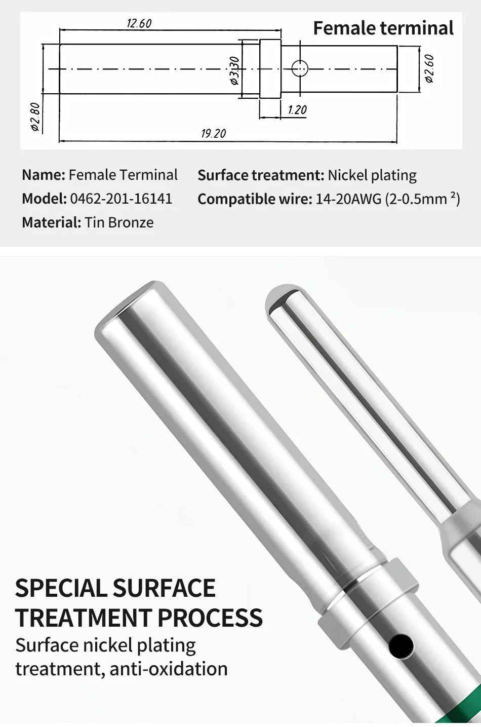 1.5mm Series Pin Contact 0462-201-16141 0460-202-16141 Solid Crimp Terminals – Stainless Steel AWG Male/Female