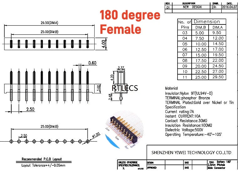 5/20 Pcs Pitch 2.5 MM 8 Positions Female Blade Socket Receptacle Male Header Battery Connector Right Angle Through Holes 7A