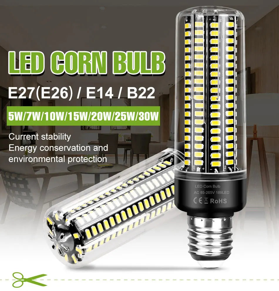 30W LED Indoor Corn Bulb E27/E26 Ceiling Lamp Bulbs E14 Spotlight B22 Living Room Bedroom Kitchen Washroom 220V Home Lighting