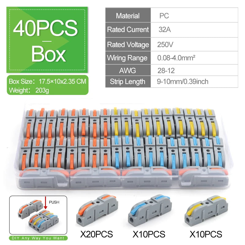 40PCS Lever Wire Connectors 1 in 1 out Quick Connect Electrical Splicing Kit for Compact Inline Terminals - 28-12 AWG