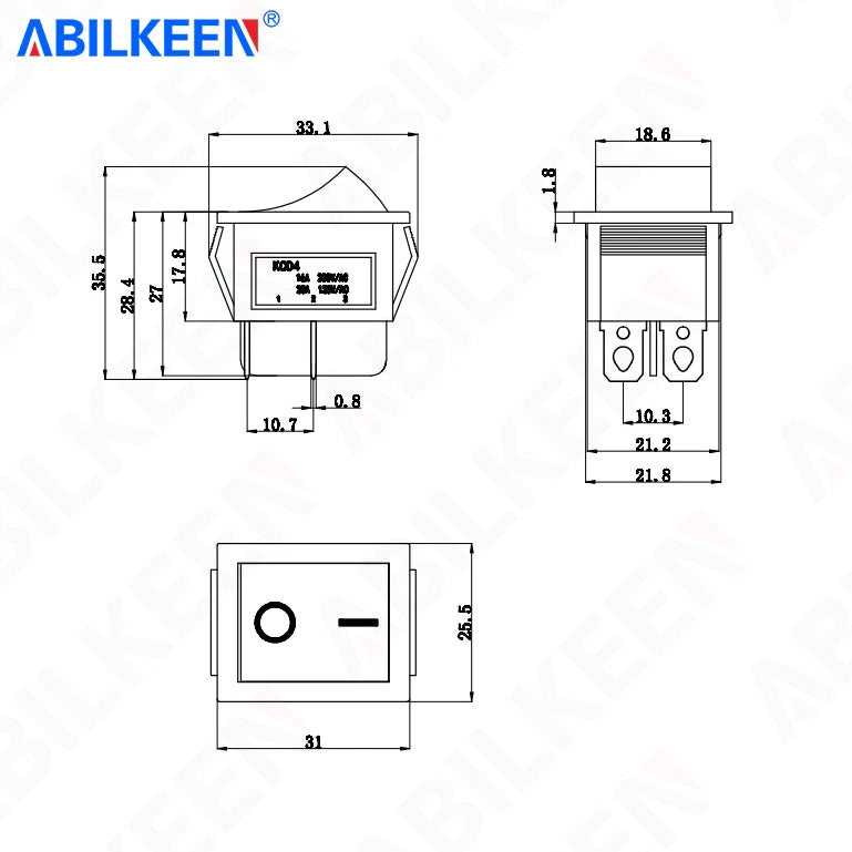 50PCS/Lot ABILKEEN KCD2-201N Rocker Toggle Switch 30A/15A 250VAC ON-OFF Mini Toggle Switch with LED Light 4Pin Terminal