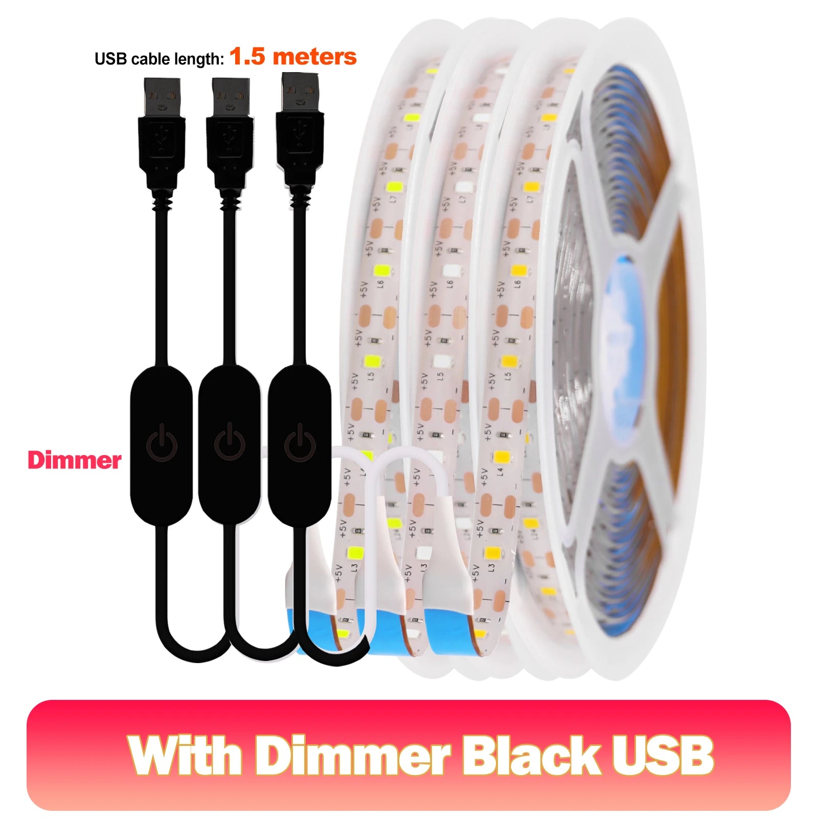 5V LED Strip Light USB Dimmer/Switch White Warm Blue Waterproof Adhesive Tape 2835 60LEDs Cabinet Room Night Lighting 1M 3M 5M
