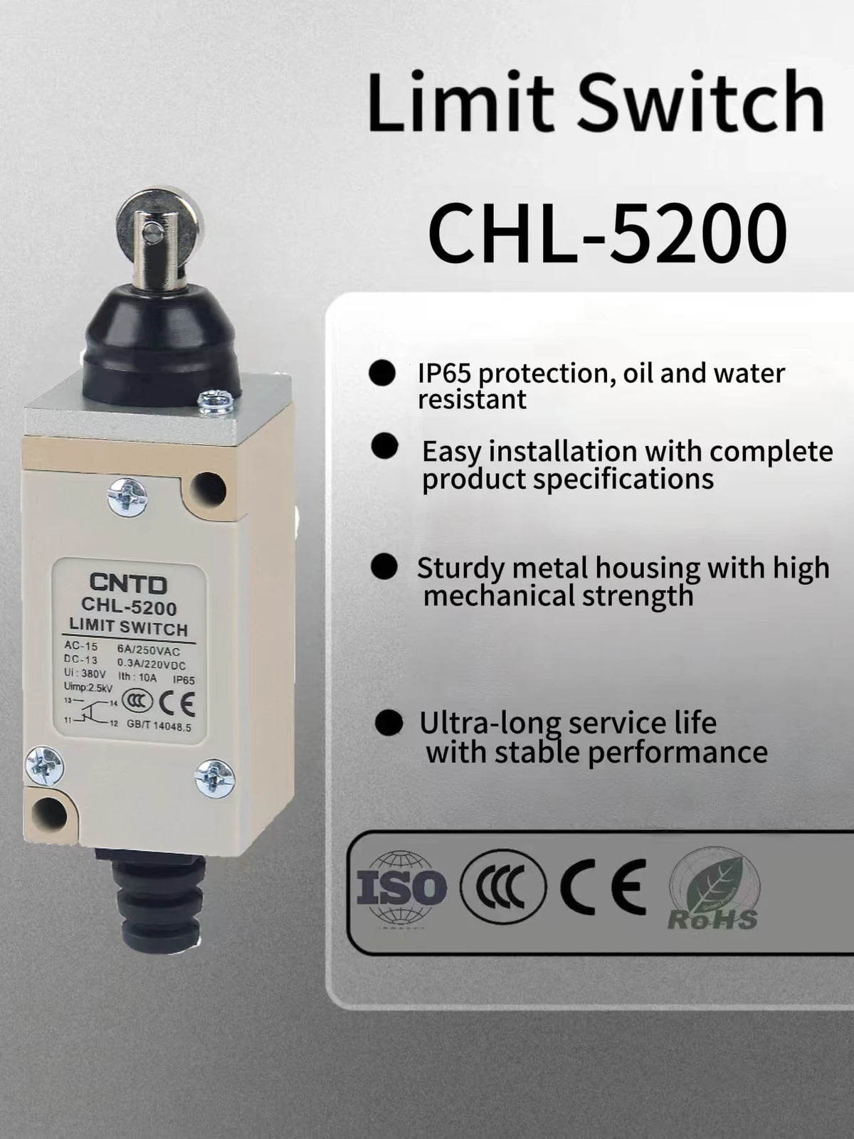 CNTD CHL-5200 Industrial Limit Switch Roller Plunger 6A 250V AC IP65 Heavy Duty Waterproof for Automation Machinery
