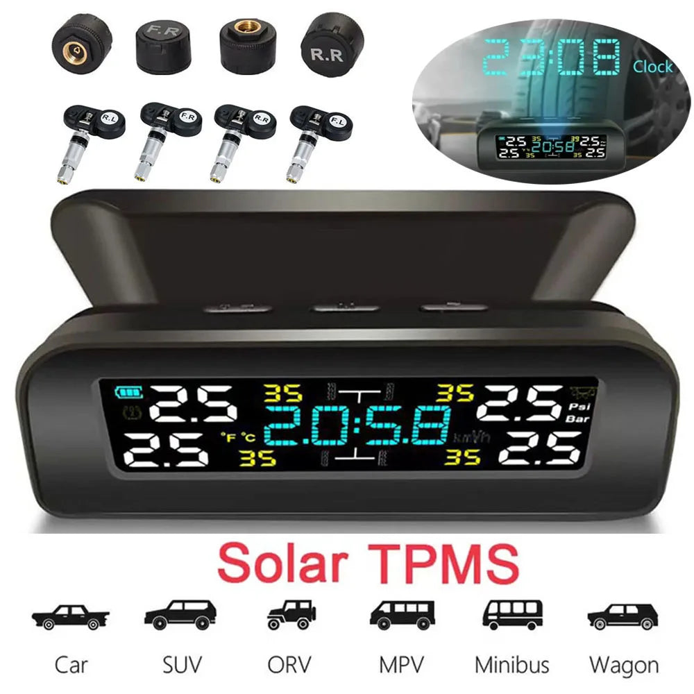 Solar Power TPMS Car Tire Pressure Monitoring System Alarm Tyre Air Pressure Meter Gauge Temperature Warning With 4 Sensors
