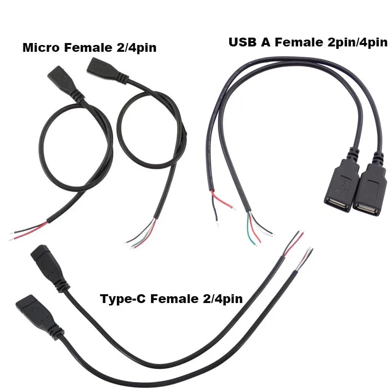 DIY Repair Welding Cable 2 Wire 4 Wires Micro USB 2.0 A Elbow Head Male Jack 4pin/2pin Type-C Male Extension Cable Line