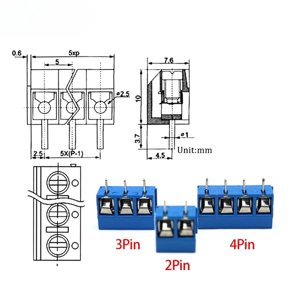 10/20/50Pcs/lot Pitch 5.0mm KF301-5.0-2P KF301-3P KF301-4P Straight Pin 2P 3P 4P Screw PCB Terminal Block Connector Blue Green