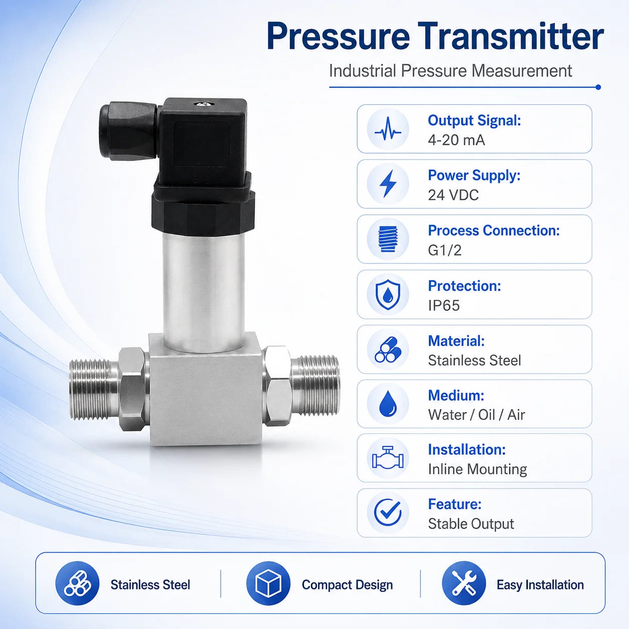 Industrial Differential Pressure Sensor 0-100kPa 4-20mA Stainless Steel Transmitter for Air Gas Water