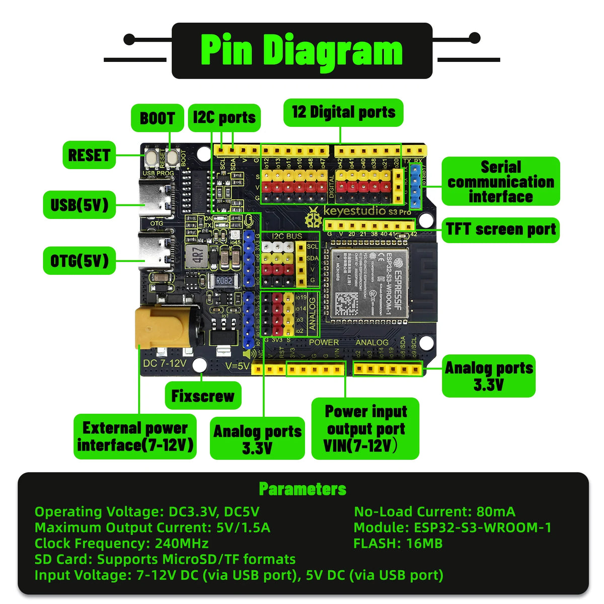 Keyestudio ESP32 S3 Pro Development Board Based on the ESP32-S3-WROOM N16R8 Module With Type C USB for Arduino IDE Programming