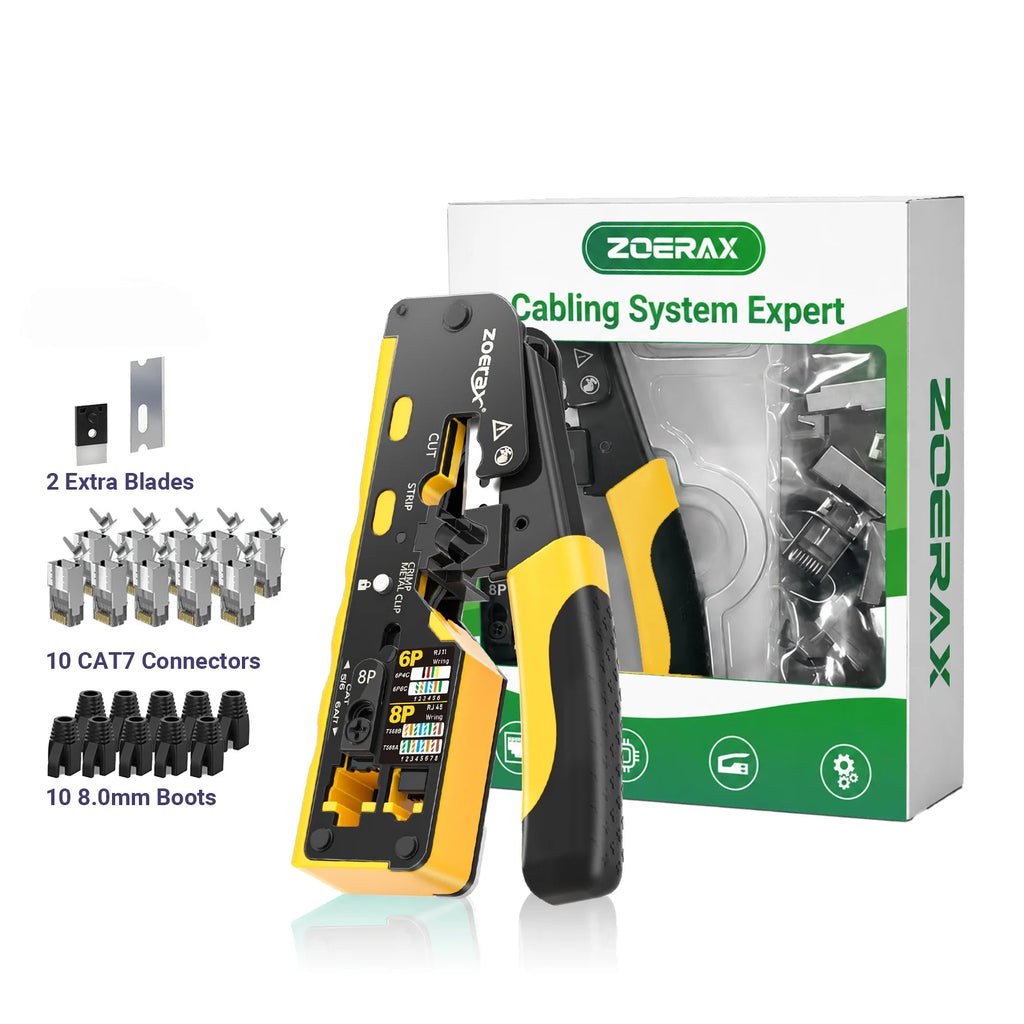 ZoeRax Pass Through RJ45 Crimp Tool with 10PCS Cat7 Connectors and Strain Relief Boots, Ethernet Wire Cutter Crimper