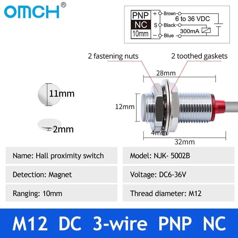 OMCH Hall Switch NJK-5002 Proximity Inductive Magnetic Pole Sensor M8/M12 Normally Open/Closed 24V Hall Effect Proximity Sensor